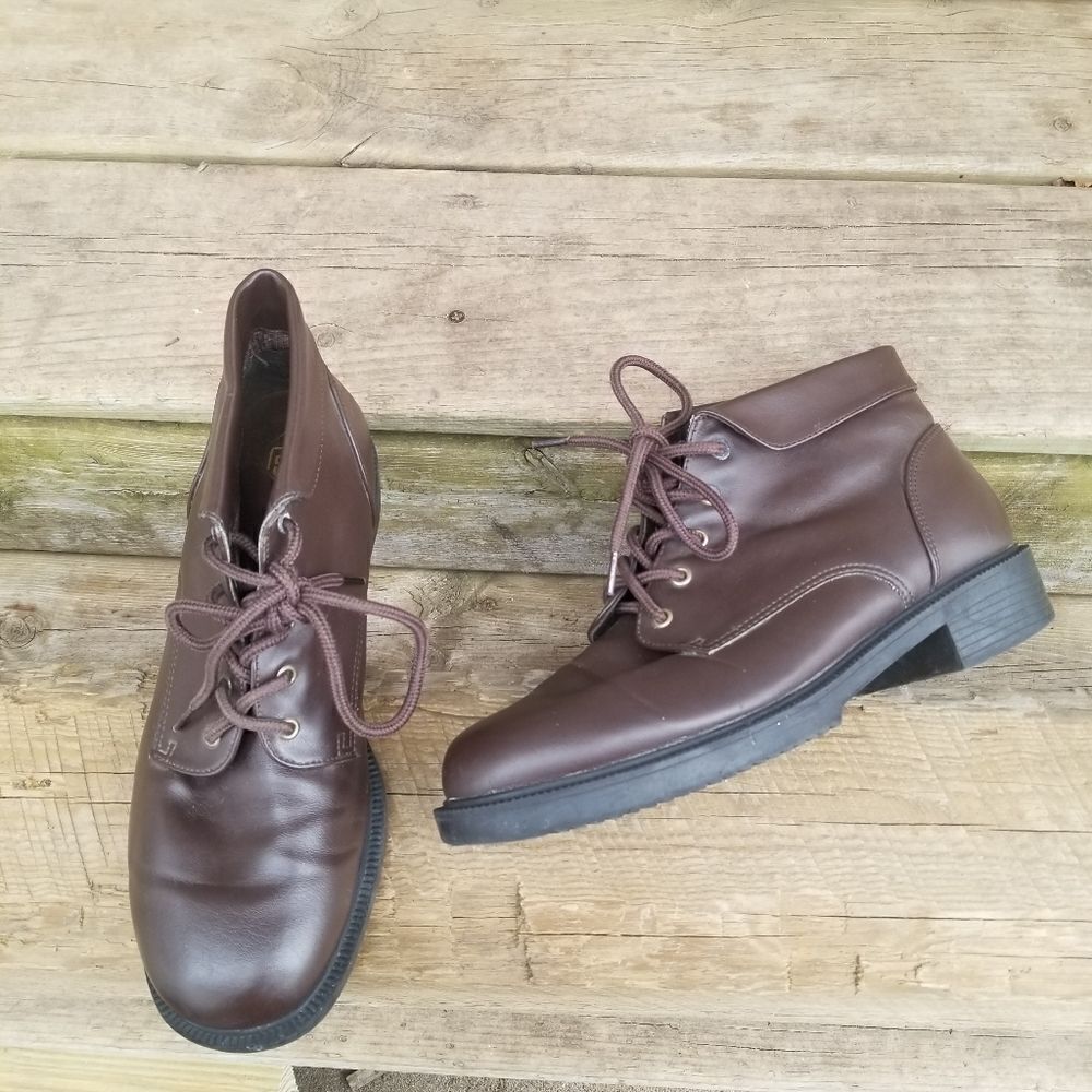 Vintage 90s y2k Chunky Heel Brown Faux‎ Leather Steampunk Granny Boots Booties